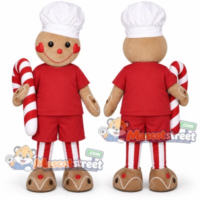 Gingerbread Man Mascot Costume with Red Shirt, Red Shorts and Chef Hat