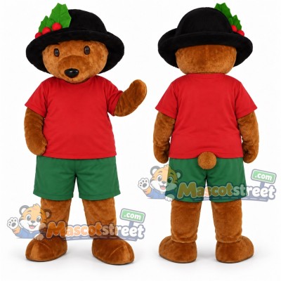Brown Bear Mascot Costume with Red Shirt, Green Shorts and Black Hat