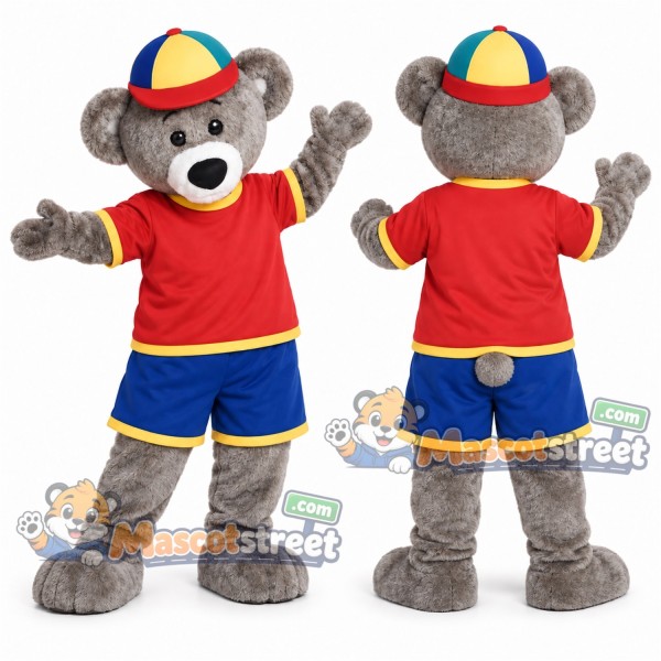 Gray Bear Mascot Costume with Red Shirt, Blue Shorts and Multicolor Cap