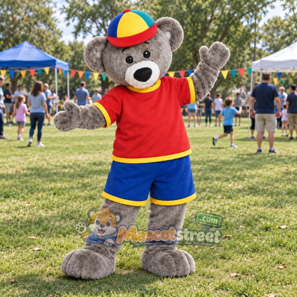 Gray Bear Mascot Costume with Red Shirt, Blue Shorts and Multicolor Cap