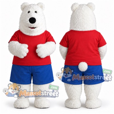 White Polar Bear Mascot Costume with Red Shirt and Blue Shorts White Polar Bear Mascot Costume with Red Shirt and Blue Shorts