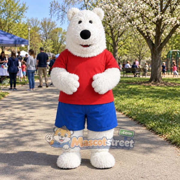White Polar Bear Mascot Costume with Red Shirt and Blue Shorts