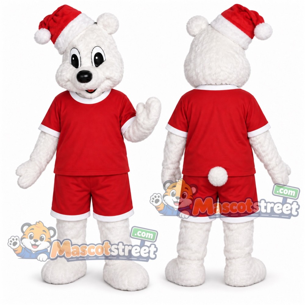 White Polar Bear Mascot Costume with Red Shirt, Red Shorts and Santa Hat