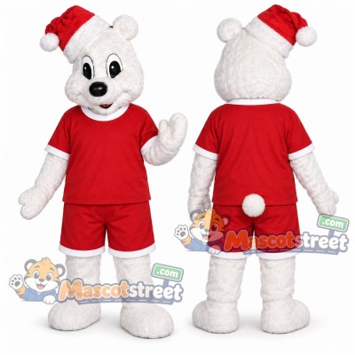 White Polar Bear Mascot Costume with Red Shirt, Red Shorts and Santa Hat