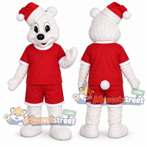 White Polar Bear Mascot Costume with Red Shirt, Red Shorts and Santa Hat