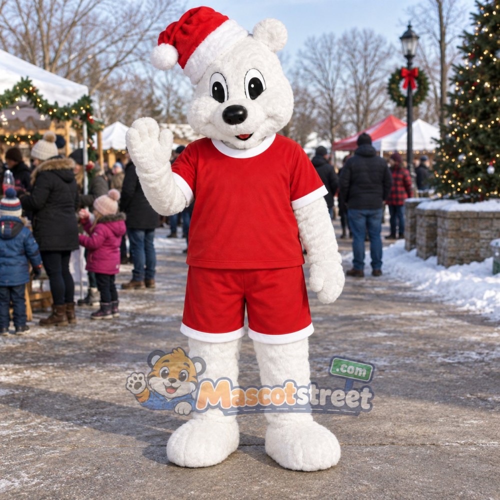 White Polar Bear Mascot Costume with Red Shirt, Red Shorts and Santa Hat White Polar Bear Mascot Costume with Red Shirt, Red Shorts and Santa Hat