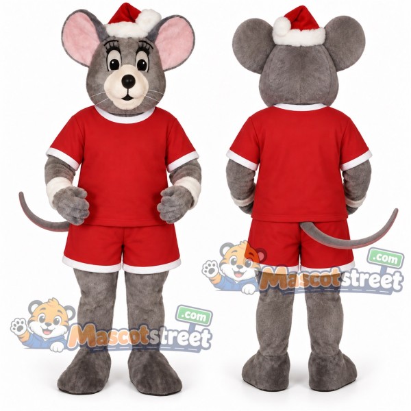 Gray Mouse Mascot Costume with Red Shirt, Red Shorts and Santa Hat
