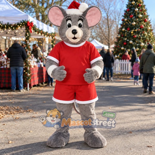 Gray Mouse Mascot Costume with Red Shirt, Red Shorts and Santa Hat