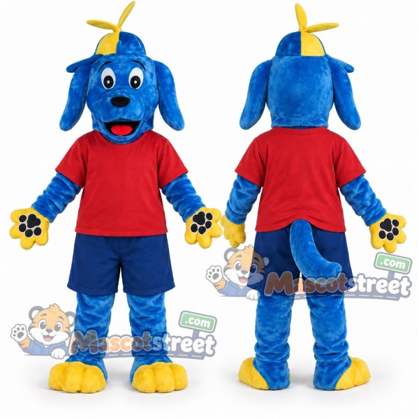 Blue Dog Mascot Costume with Red Shirt, Blue Shorts and Yellow Hat