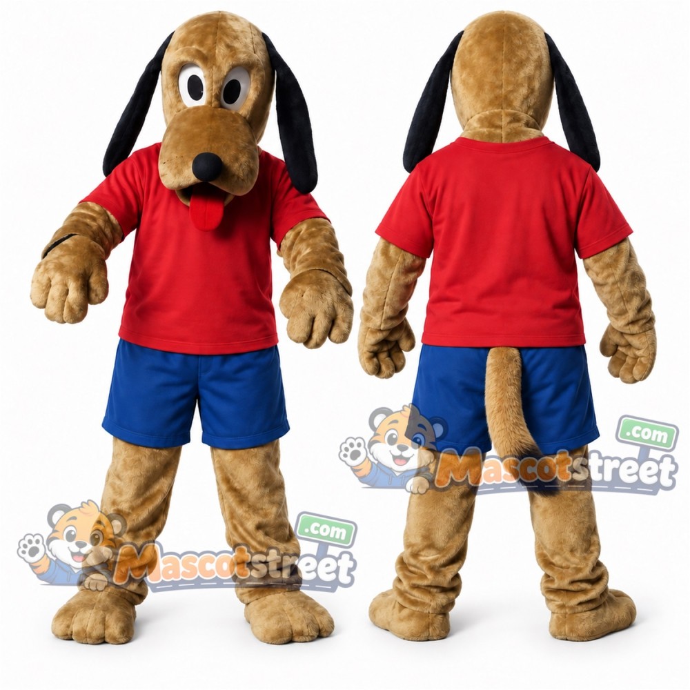 Brown Dog Mascot Costume with Red Shirt and Blue Shorts