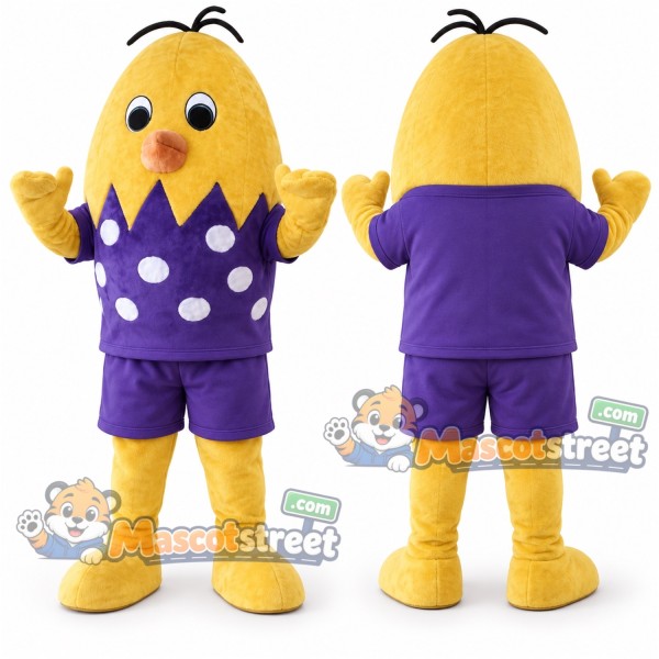 Yellow Easter Egg Mascot Costume with Purple Shirt and Shorts