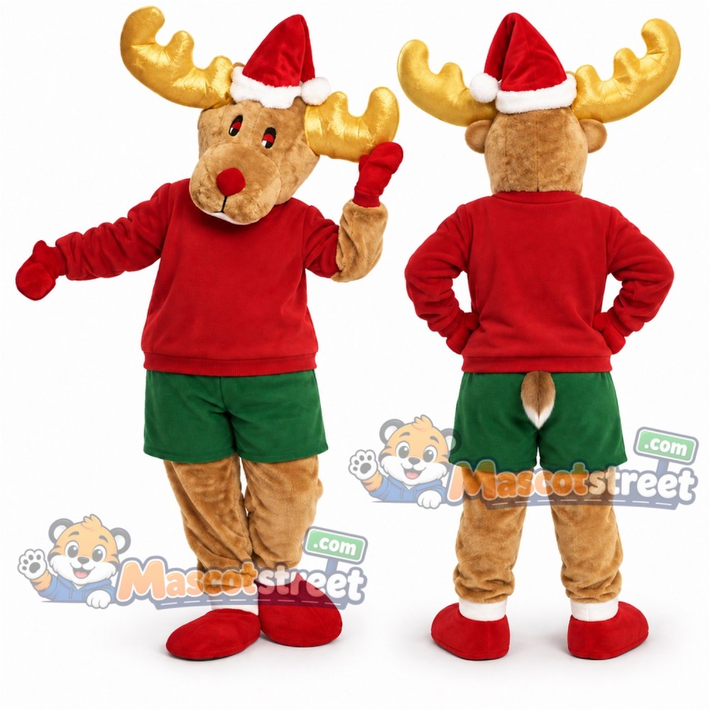Tan Moose Mascot Costume with Red Shirt, Green Shorts and Santa Hat