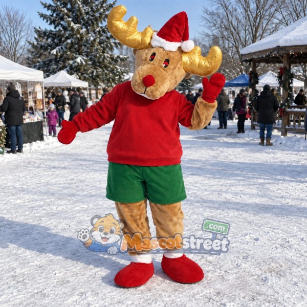 Tan Moose Mascot Costume with Red Shirt, Green Shorts and Santa Hat
