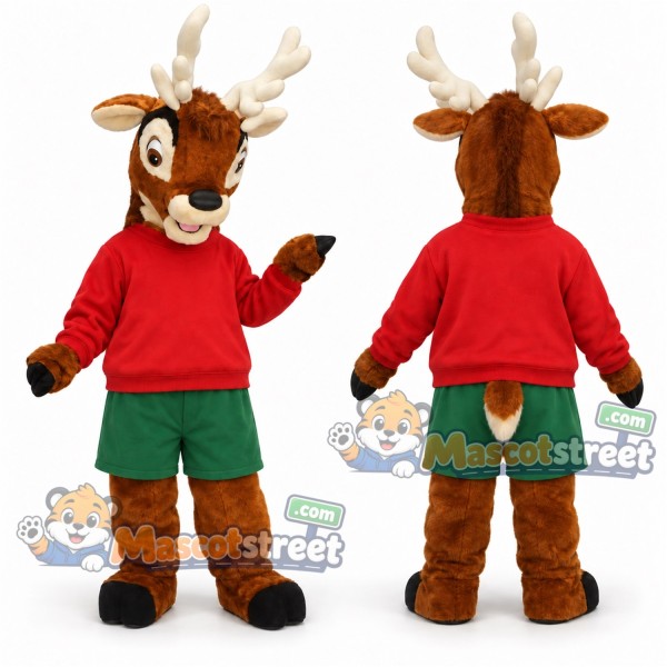 Brown Reindeer Mascot Costume with Red Shirt and Green Shorts