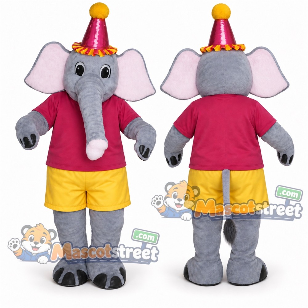 Gray Elephant Mascot Costume with Pink Shirt, Yellow Shorts and Party Hat