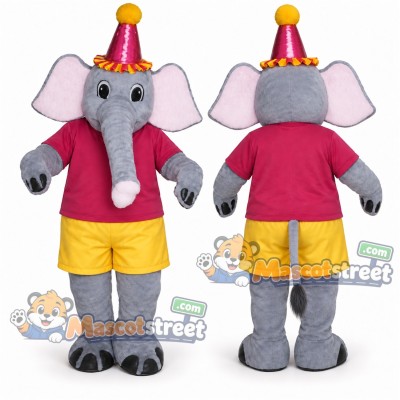Gray Elephant Mascot Costume with Pink Shirt, Yellow Shorts and Party Hat