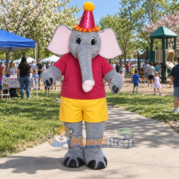 Gray Elephant Mascot Costume with Pink Shirt, Yellow Shorts and Party Hat