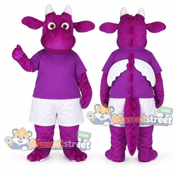 Purple Dragon Mascot Costume with Purple Shirt and White Shorts