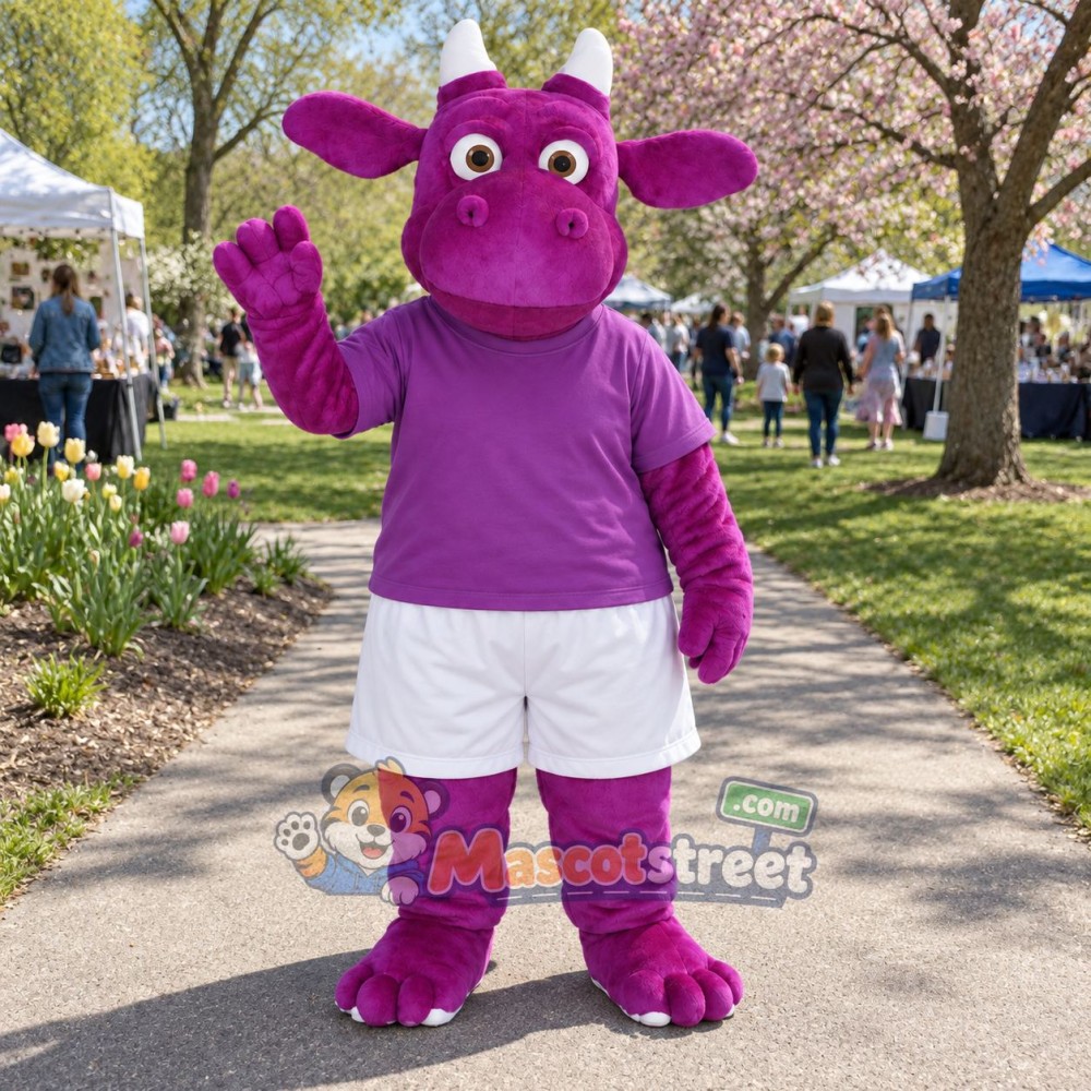 Purple Dragon Mascot Costume with Purple Shirt and White Shorts Purple Dragon Mascot Costume with Purple Shirt and White Shorts