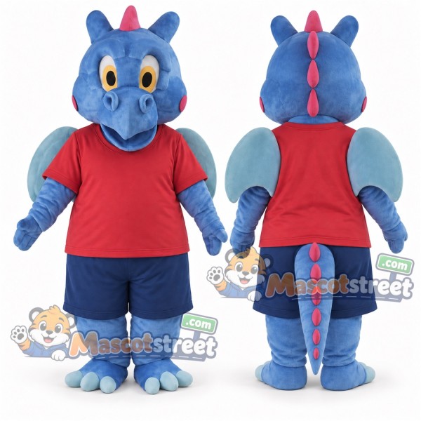 Blue Dragon Mascot Costume with Red Shirt and Navy Shorts