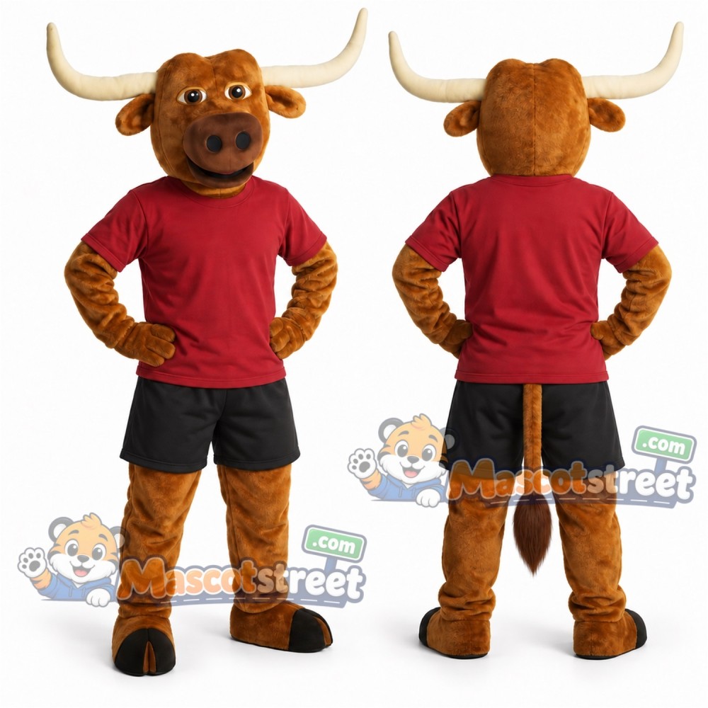 Brown Bull Mascot Costume with Red Shirt and Black Shorts