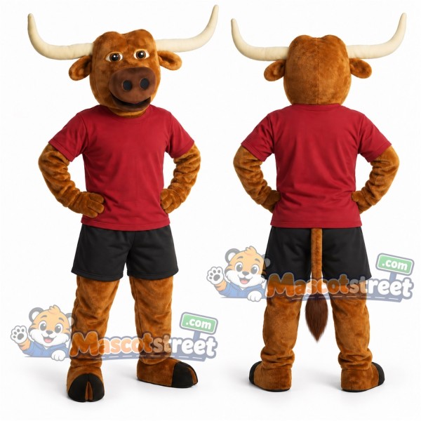 Brown Bull Mascot Costume with Red Shirt and Black Shorts