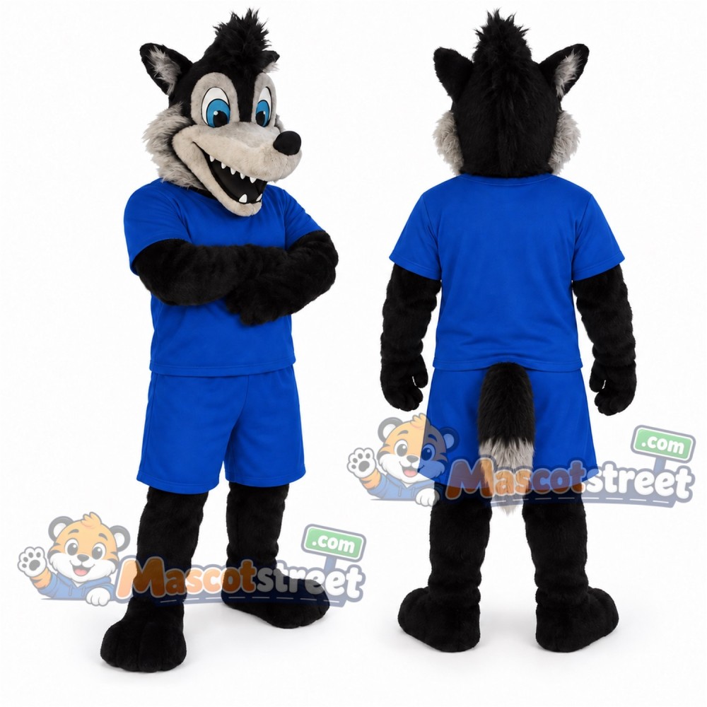 Gray and Black Wolf Mascot Costume with Blue Shirt and Shorts