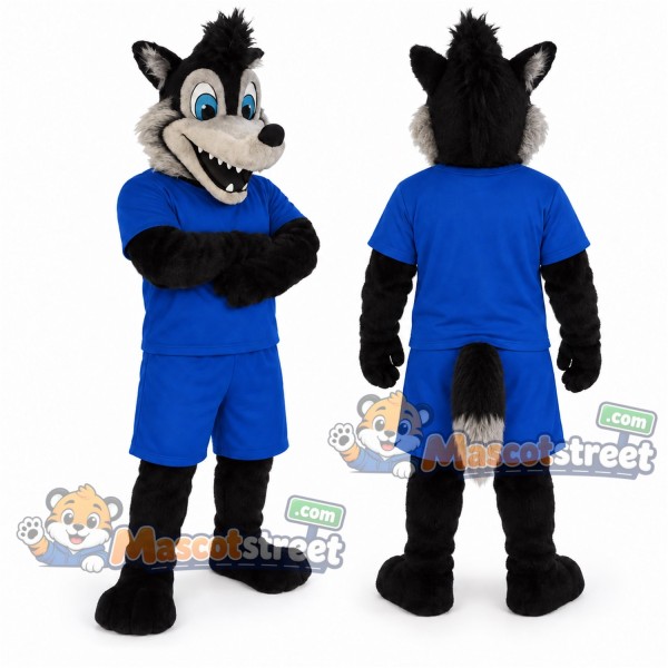 Gray and Black Wolf Mascot Costume with Blue Shirt and Shorts
