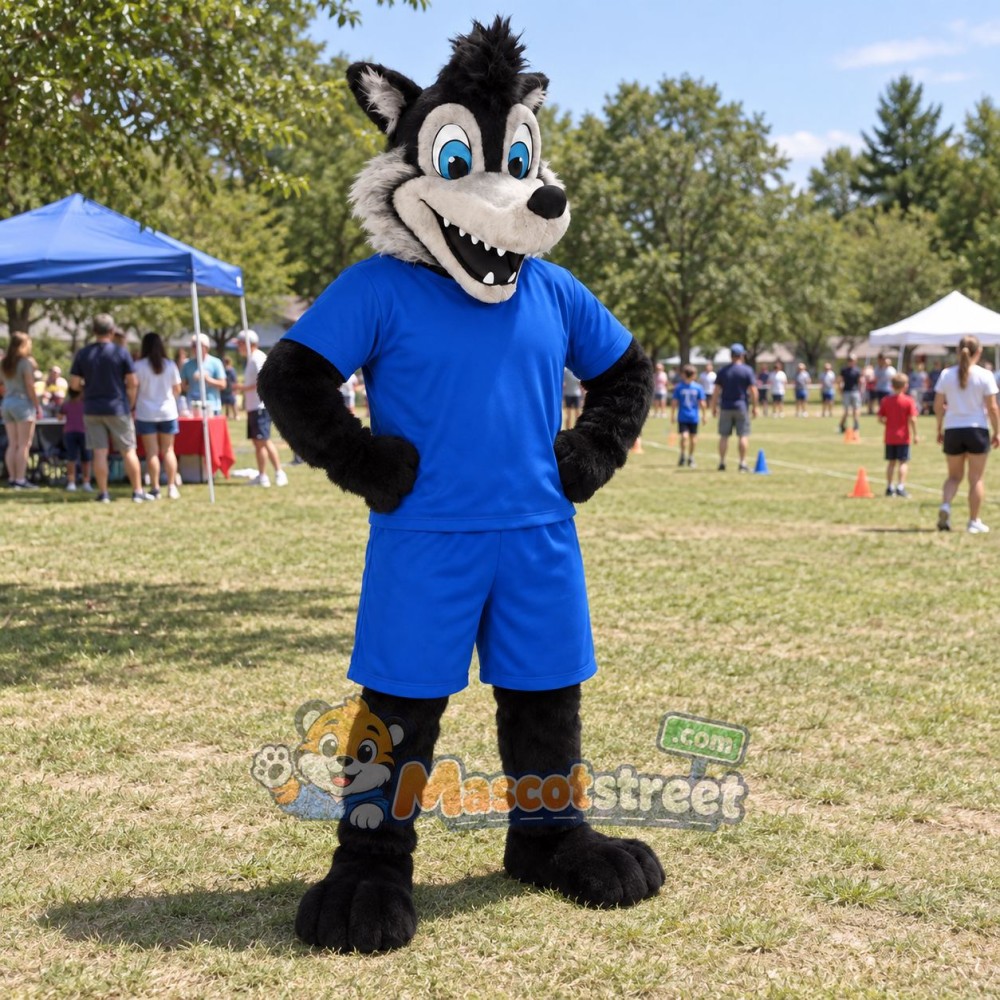 Gray and Black Wolf Mascot Costume with Blue Shirt and Shorts