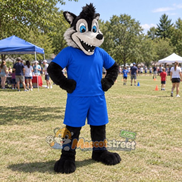 Gray and Black Wolf Mascot Costume with Blue Shirt and Shorts