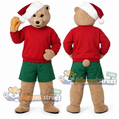 Tan Bear Mascot Costume with Red Shirt, Green Shorts and Santa Hat