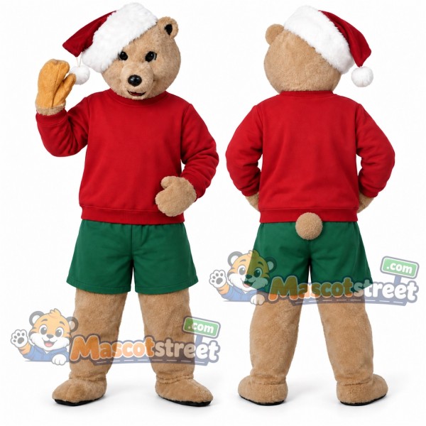 Tan Bear Mascot Costume with Red Shirt, Green Shorts and Santa Hat