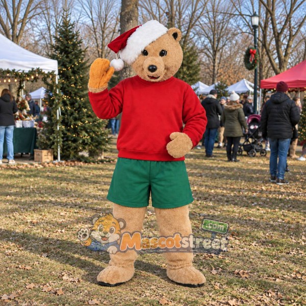 Tan Bear Mascot Costume with Red Shirt, Green Shorts and Santa Hat