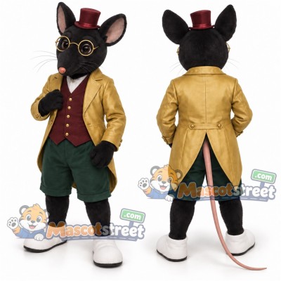 Black Mouse Mascot Costume with Gold Coat, Burgundy Vest, Green Pants and Top Hat Black Mouse Mascot Costume with Gold Coat, Burgundy Vest, Green Pants and Top Hat