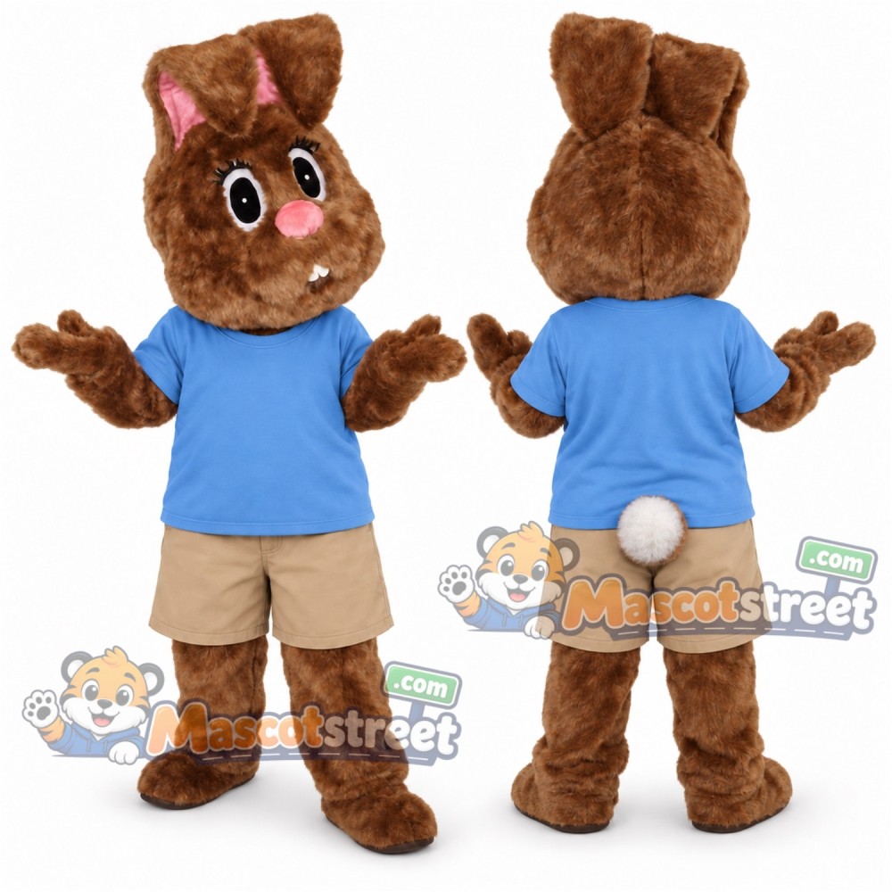 Brown Rabbit Mascot Costume with Blue Shirt and Tan Shorts Brown Rabbit Mascot Costume with Blue Shirt and Tan Shorts