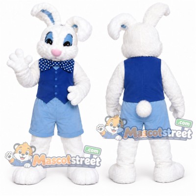 White Rabbit Mascot Costume with Blue Vest and Light Blue Shorts White Rabbit Mascot Costume with Blue Vest and Light Blue Shorts