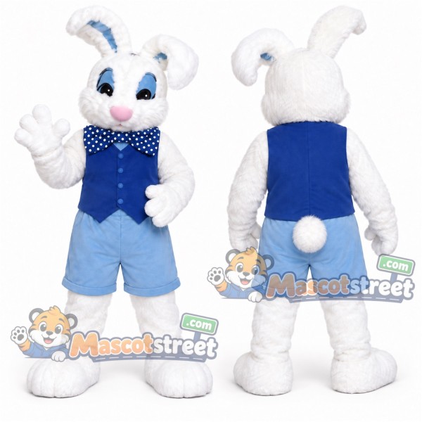 White Rabbit Mascot Costume with Blue Vest and Light Blue Shorts