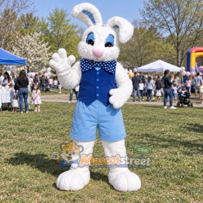 White Rabbit Mascot Costume with Blue Vest and Light Blue Shorts White Rabbit Mascot Costume with Blue Vest and Light Blue Shorts