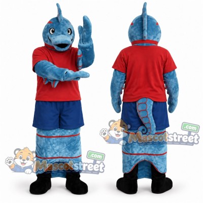 Blue Seahorse Mascot Costume with Red Shirt and Navy Shorts Blue Seahorse Mascot Costume with Red Shirt and Navy Shorts