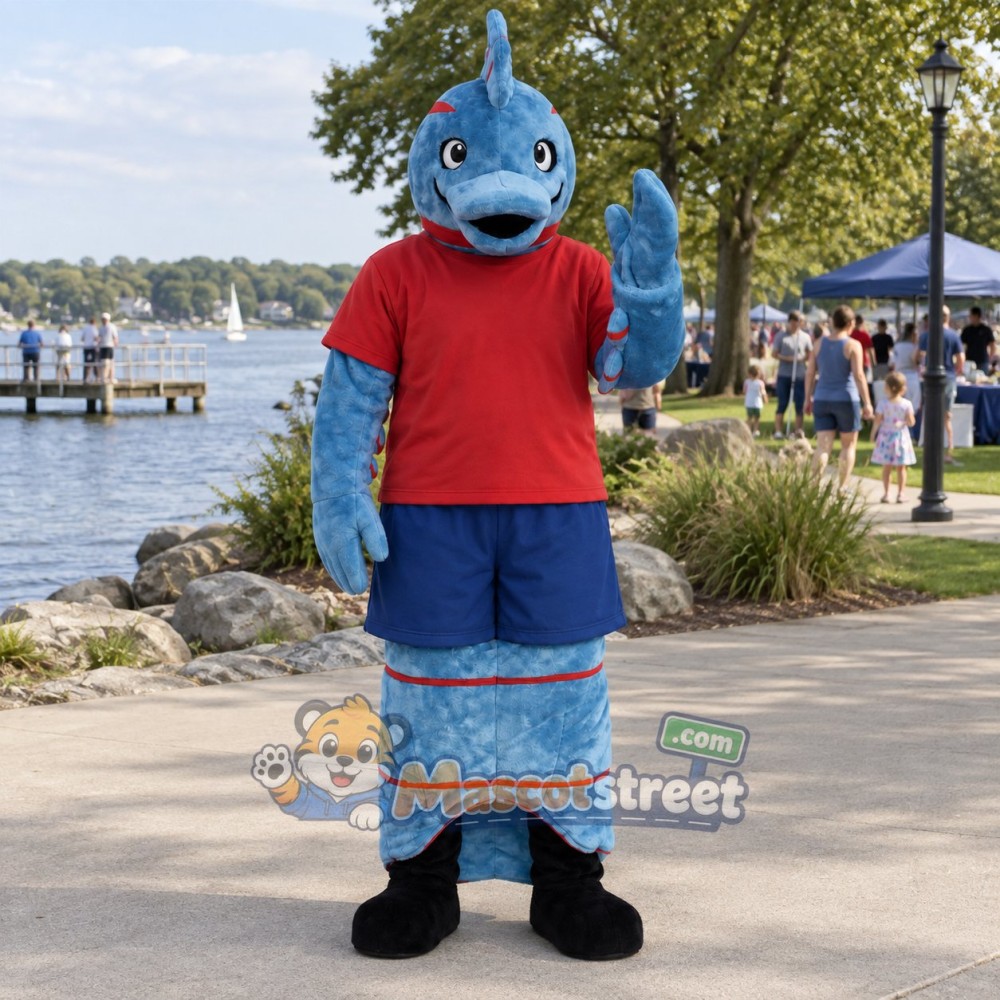 Blue Seahorse Mascot Costume with Red Shirt and Navy Shorts