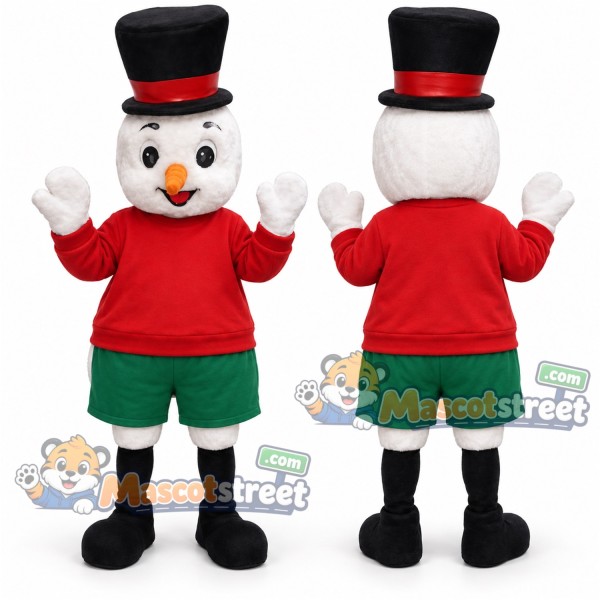 Snowman Mascot Costume with Red Shirt, Green Shorts and Black Top Hat
