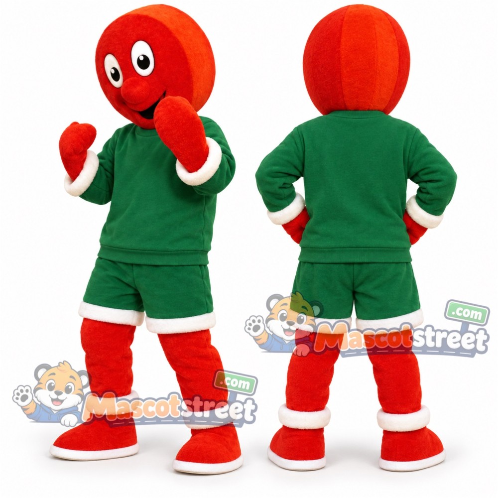 Red Gingerbread Man Mascot Costume with Green Christmas Shirt and Shorts Red Gingerbread Man Mascot Costume with Green Christmas Shirt and Shorts