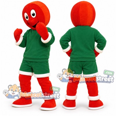 Red Gingerbread Man Mascot Costume with Green Christmas Shirt and Shorts Red Gingerbread Man Mascot Costume with Green Christmas Shirt and Shorts