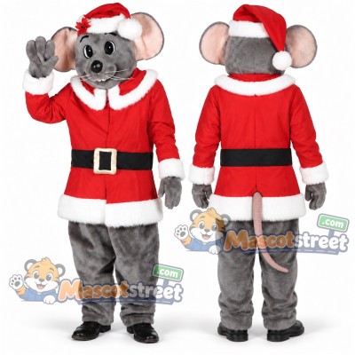 Gray Mouse Mascot Costume with Santa Suit and Hat Gray Mouse Mascot Costume with Santa Suit and Hat