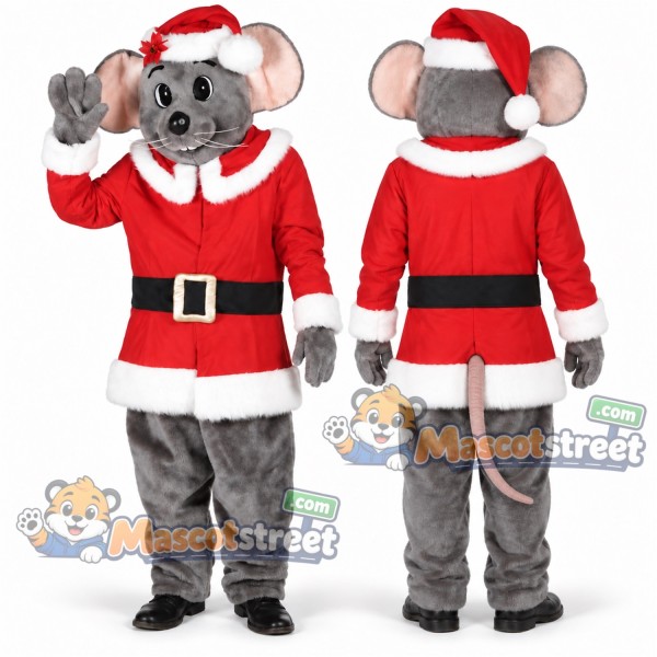 Gray Mouse Mascot Costume with Santa Suit and Hat