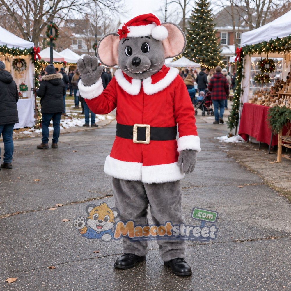 Gray Mouse Mascot Costume with Santa Suit and Hat Gray Mouse Mascot Costume with Santa Suit and Hat