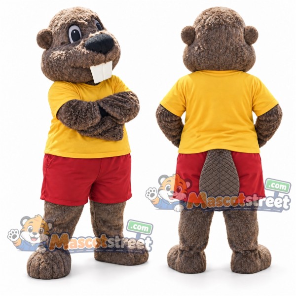 Brown Beaver Mascot Costume with Yellow Shirt and Red Shorts