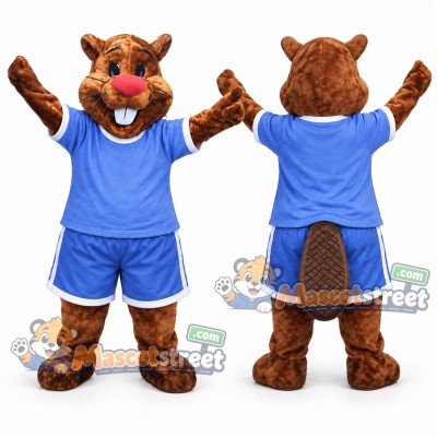 Brown Beaver Mascot Costume with Blue Shirt and Shorts Brown Beaver Mascot Costume with Blue Shirt and Shorts