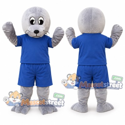 Gray Seal Mascot Costume with Blue Shirt and Shorts Gray Seal Mascot Costume with Blue Shirt and Shorts