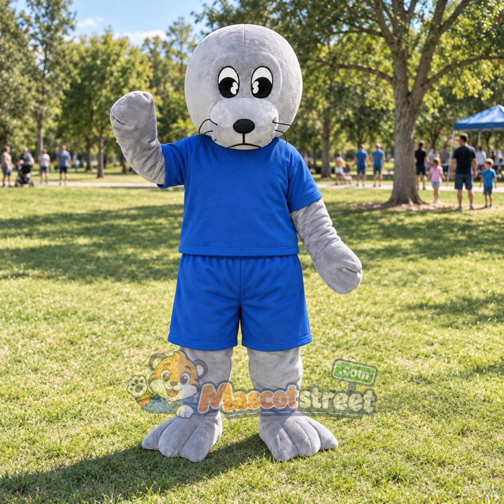 Gray Seal Mascot Costume with Blue Shirt and Shorts